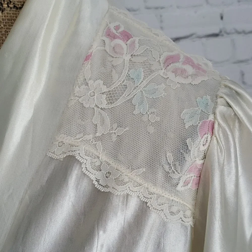 Vintage 70s Barad Cream Robe House Coat Bridal Robe Long Sleeve Long Length - Picture 6 of 13